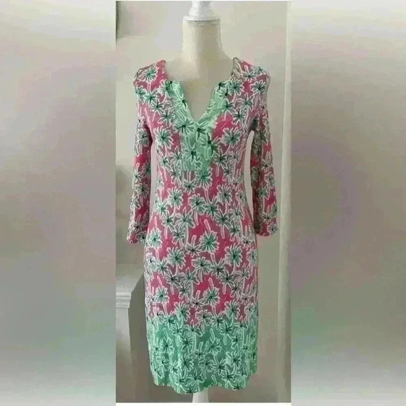 Crown & Ivy Knit MIDI Dress Size S Pink Green Palm Design Stretchy Resortwear - Picture 4 of 10